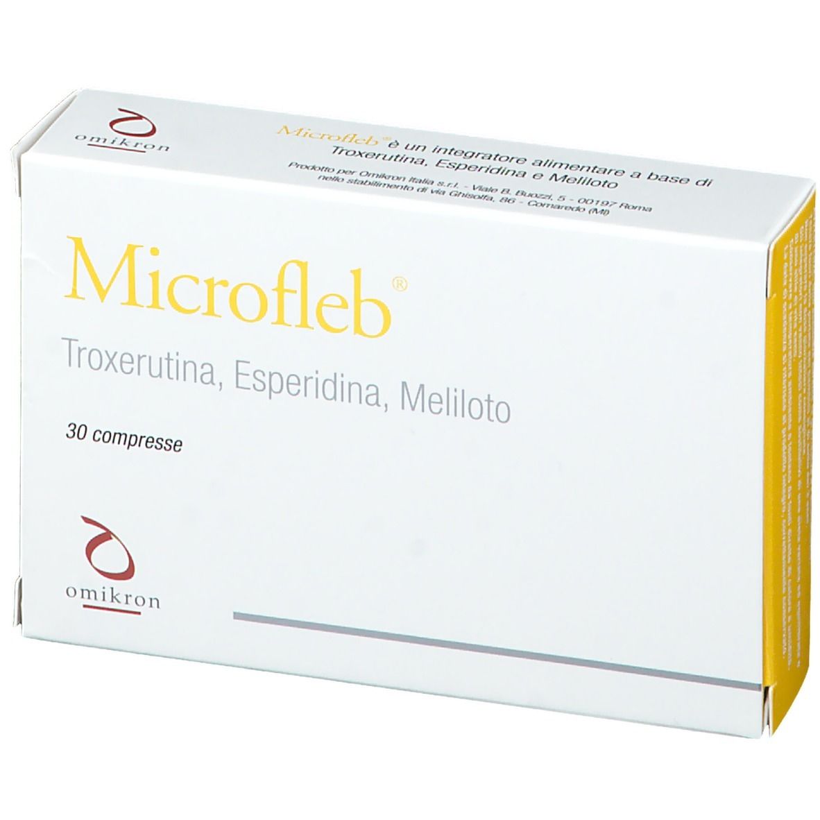 Schachtel Microfleb, weiß mit gelbem Text. Enthält 30 Tabletten. Marke Omikron. Ansicht schräg.