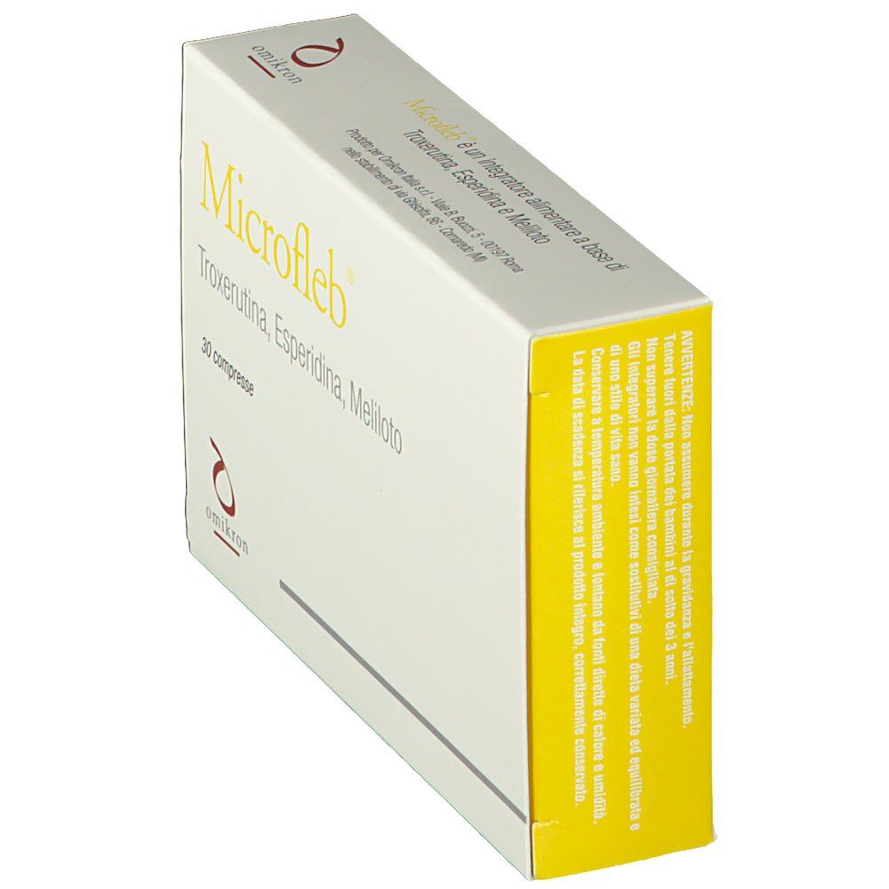 Schachtel Microfleb, weiß mit gelbem Text. Enthält 30 Tabletten. Marke Omikron. Ansicht schräg.