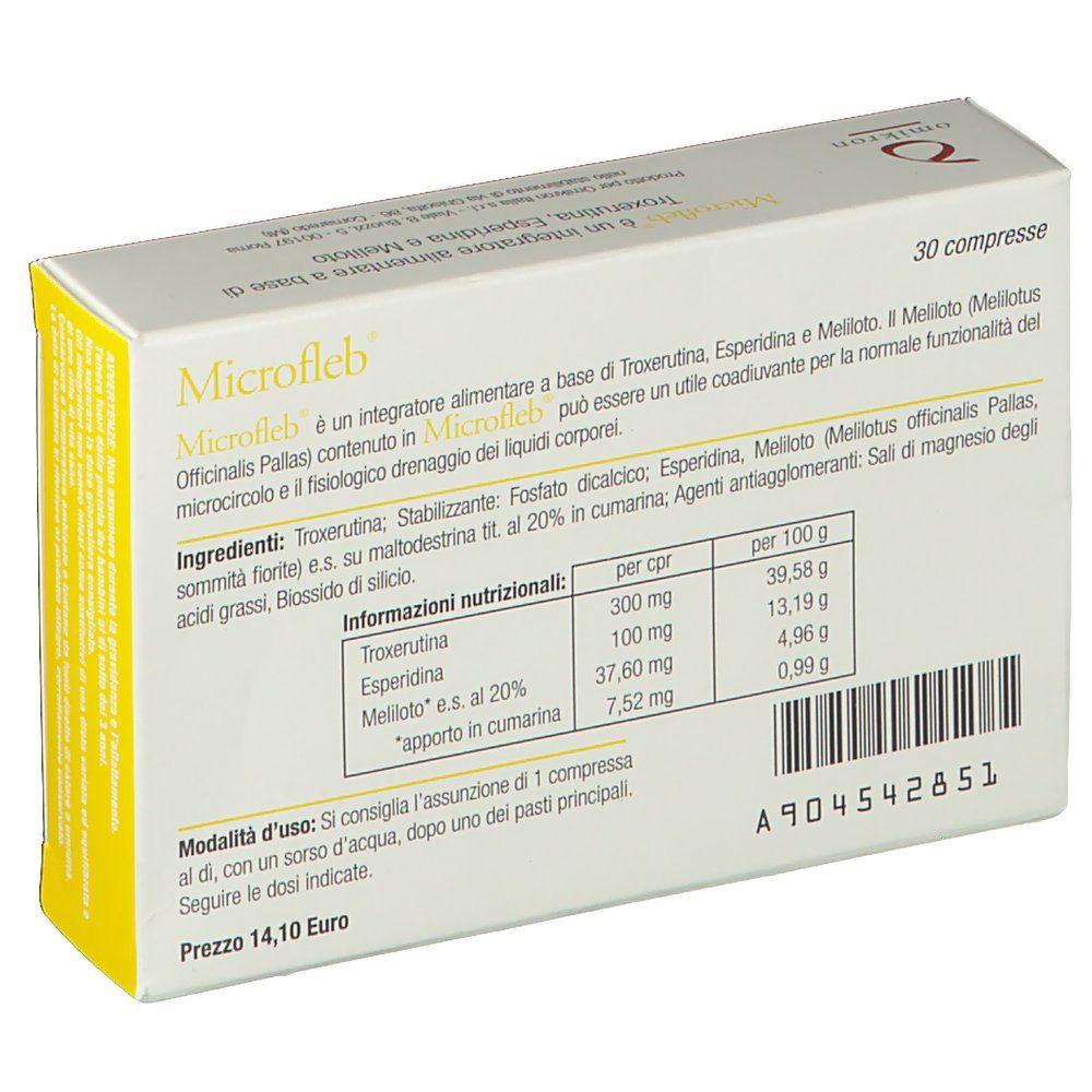 Rückseite der Microfleb-Schachtel. Enthält Informationen zu Inhaltsstoffen und Nährwerten. 30 Tabletten.