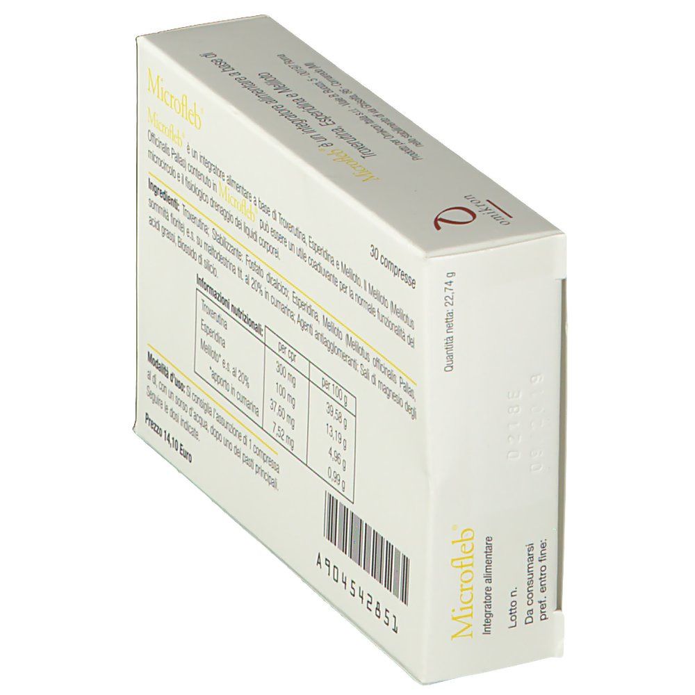 Schachtel Microfleb, Rückseite mit Inhaltsstoffen und Nährwerten. 30 Tabletten. Marke Omikron.