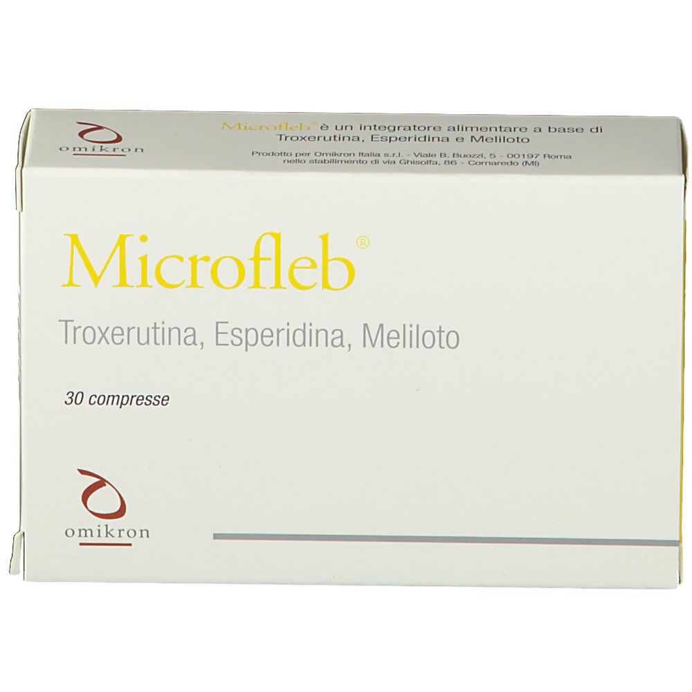 Weiße Schachtel mit gelbem Schriftzug Microfleb. Enthält 30 Tabletten. Marke Omikron.