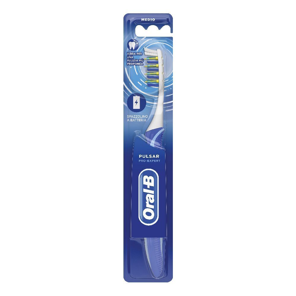 Spazzolino Oral-B Pro-Expert Pulsar in confezione blister. Spazzolino blu con testina bianca e setole gialle. "Pulsar" e "Oral-B" visibili.