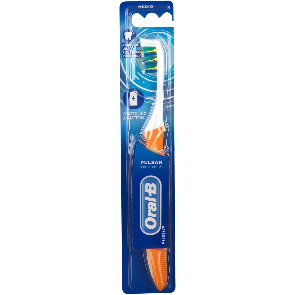 Spazzolino Oral-B Pro-Expert Pulsar in confezione blister. Spazzolino arancione con testina bianca e setole gialle. "Pulsar" e "Oral-B" visibili.