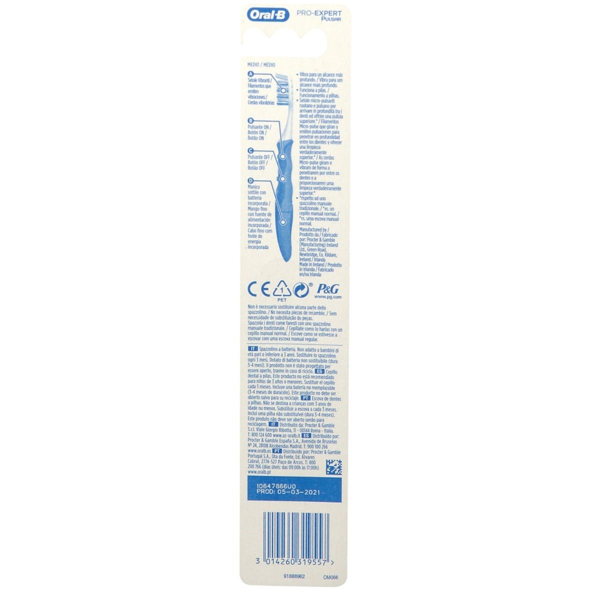 Retro della confezione dello spazzolino Oral-B Pro-Expert Pulsar. Testo e loghi su sfondo bianco. Marchio CE e codice a barre visibili.