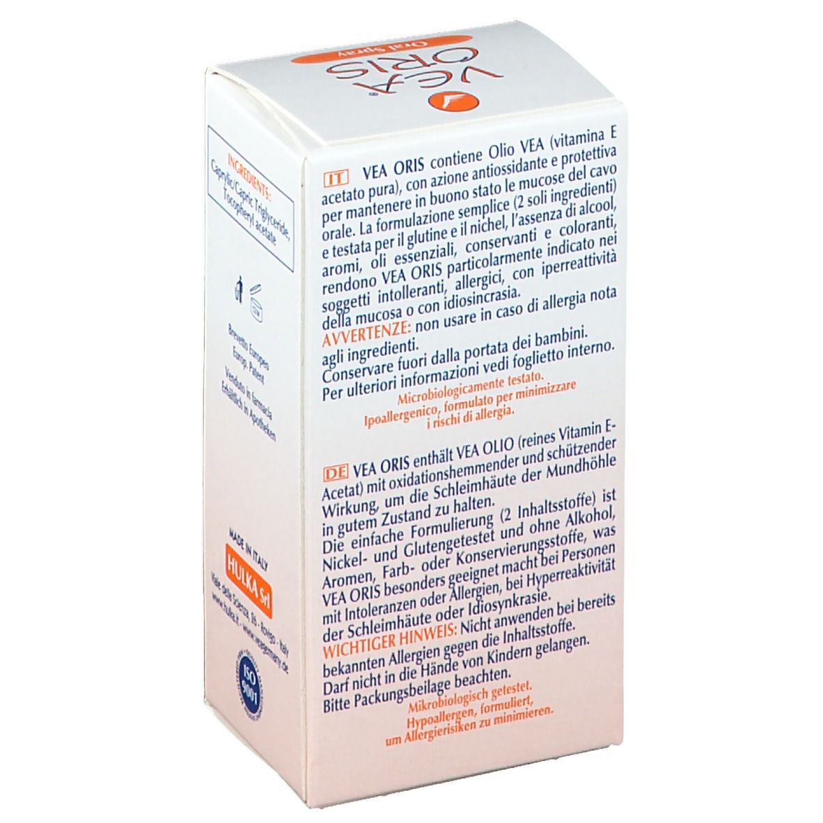 Confezione spray VEA ORIS. Contiene testo sull'uso e gli ingredienti.