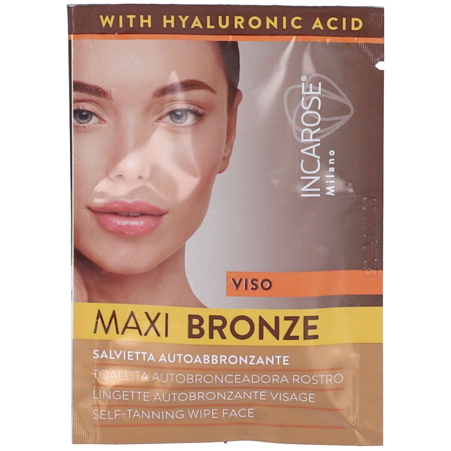 Einzelne Selbstbräunungstücher-Verpackung. Aufdruck: Maxi Bronze, Incarose Milano. Gesicht einer Frau.