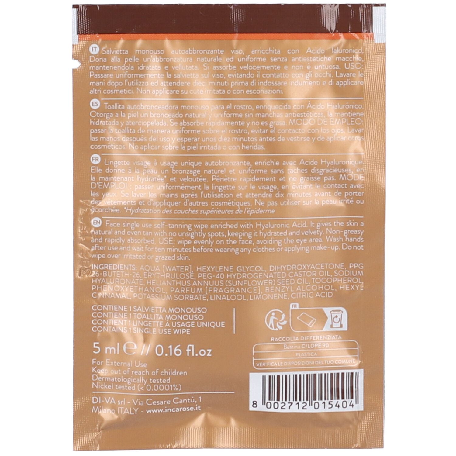 Rückseite der Einzelverpackung. Text in mehreren Sprachen. Inhaltsstoffe, Gebrauchsanweisung, Herstellerinformationen.