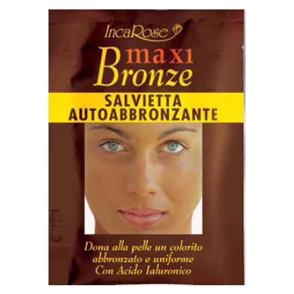 Braune Einzelverpackung mit Gesicht. Text: Maxi Bronze, Selbstbräunungstücher. Mit Hyaluronsäure.