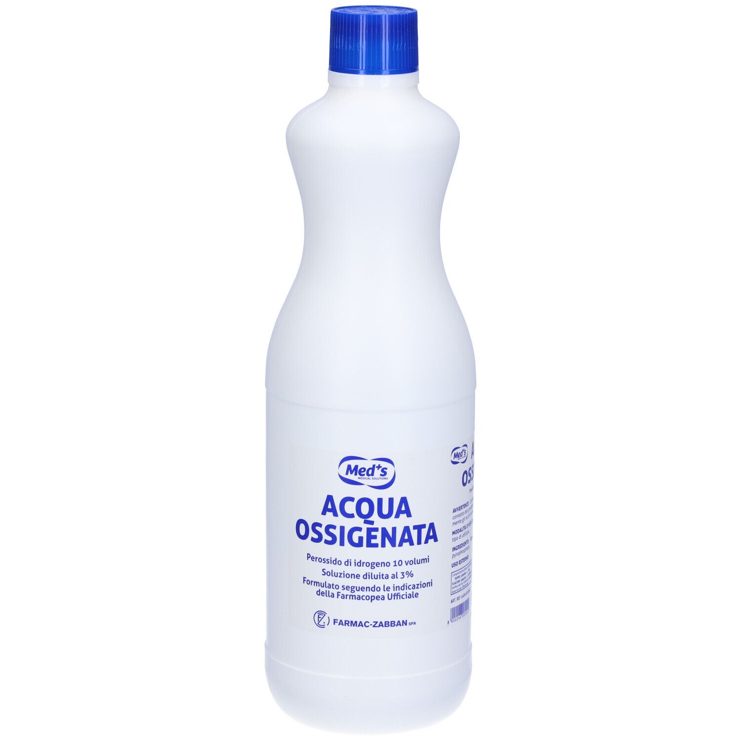 Bottiglia bianca con tappo blu. Scritta: Acqua Ossigenata. Nome del prodotto e informazioni aggiuntive in italiano.