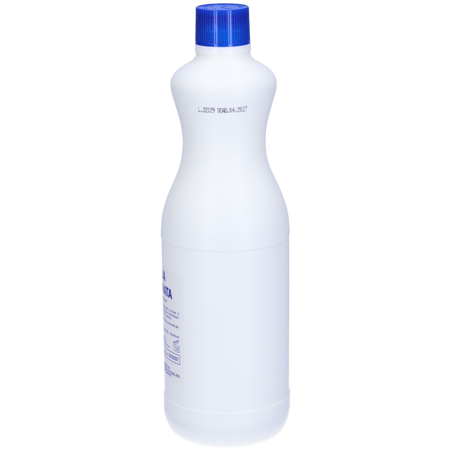 Bottiglia bianca con tappo blu. Scritta: Acqua Ossigenata. Nome del prodotto e informazioni aggiuntive in italiano.