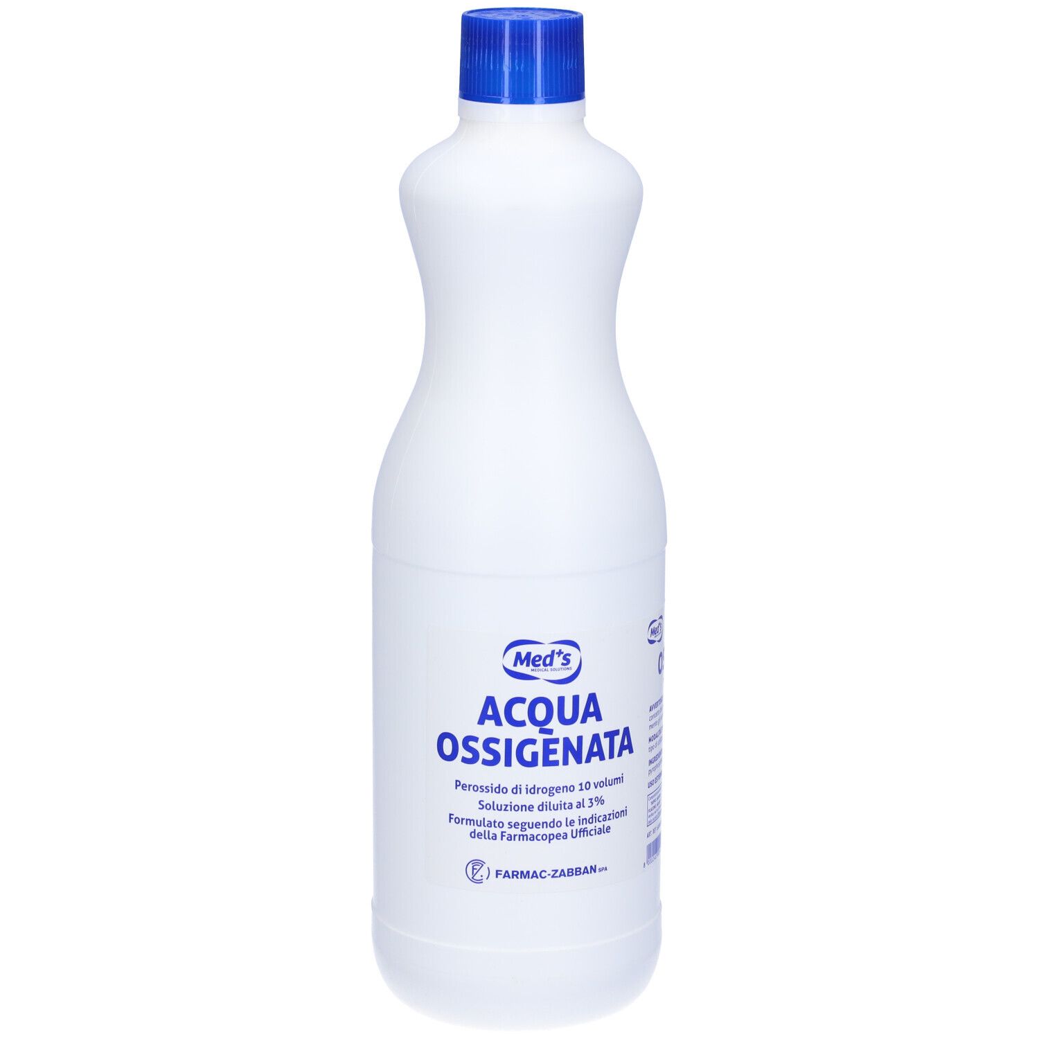 Bottiglia bianca con tappo blu. Scritta: Acqua Ossigenata. Nome del prodotto e informazioni aggiuntive in italiano.