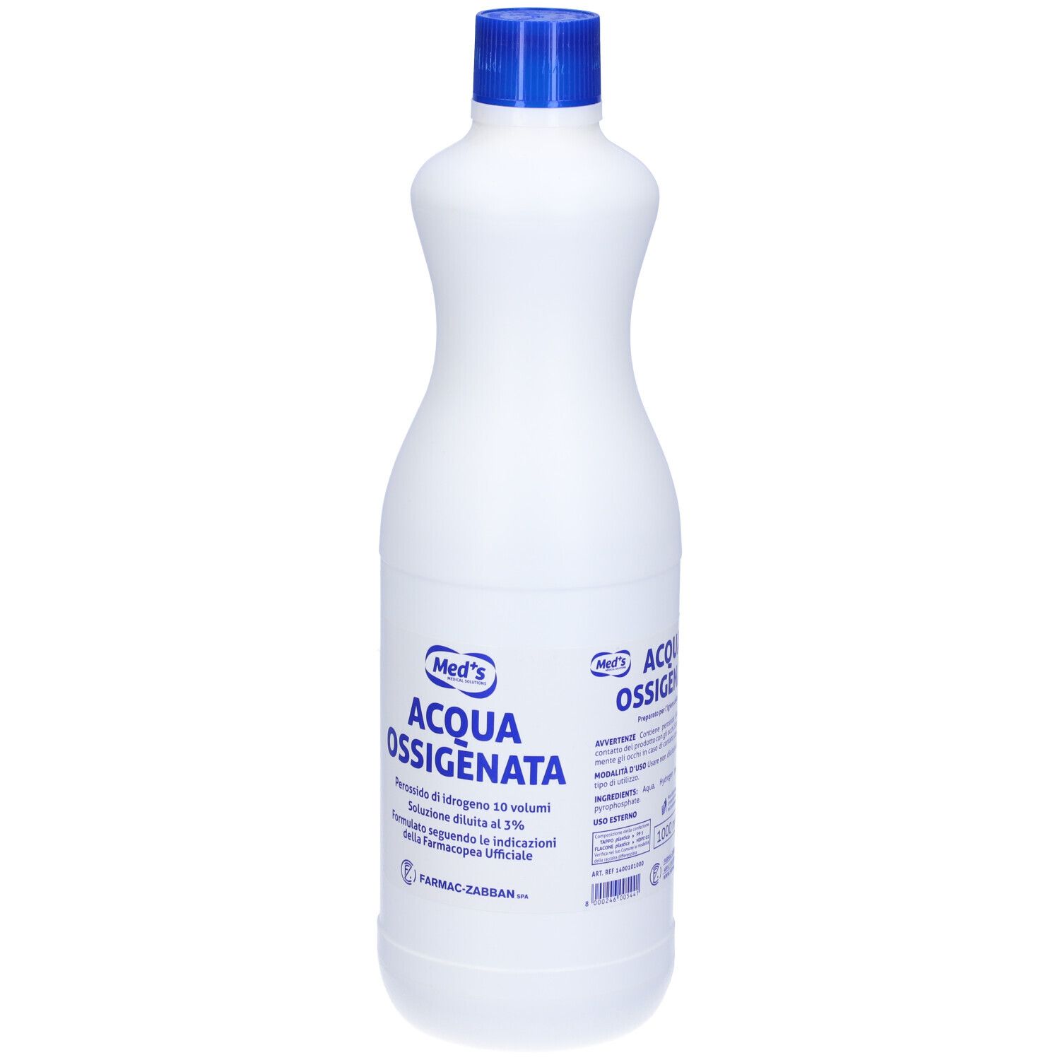 Bottiglia bianca con tappo blu. Scritta: Acqua Ossigenata. Nome del prodotto e informazioni aggiuntive in italiano.