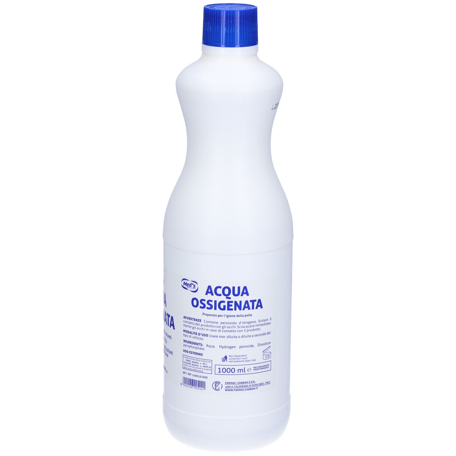 Bottiglia bianca con tappo blu. Scritta: Acqua Ossigenata. Nome del prodotto e informazioni aggiuntive in italiano.