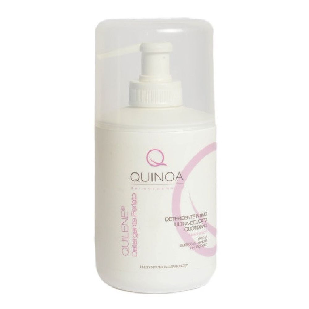 Flacone bianco con pompa e cappuccio trasparente. Scritta: Quilene Detergente Perlato, Quinoa. Elementi di design rosa.