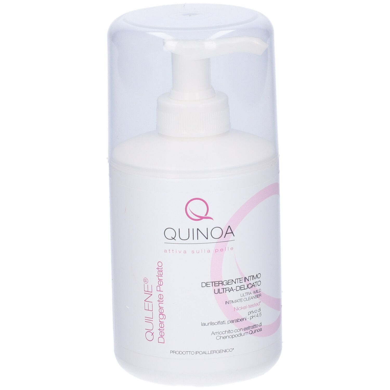 Flacone bianco con pompa e cappuccio trasparente. Scritta: Quilene Detergente Perlato, Quinoa. Elementi di design rosa.