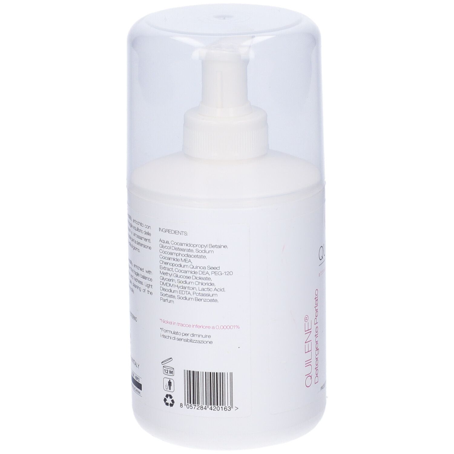 Flacone bianco con pompa e cappuccio trasparente. Retro con ingredienti e codice a barre. Scritta: Quilene Detergente Perlato.