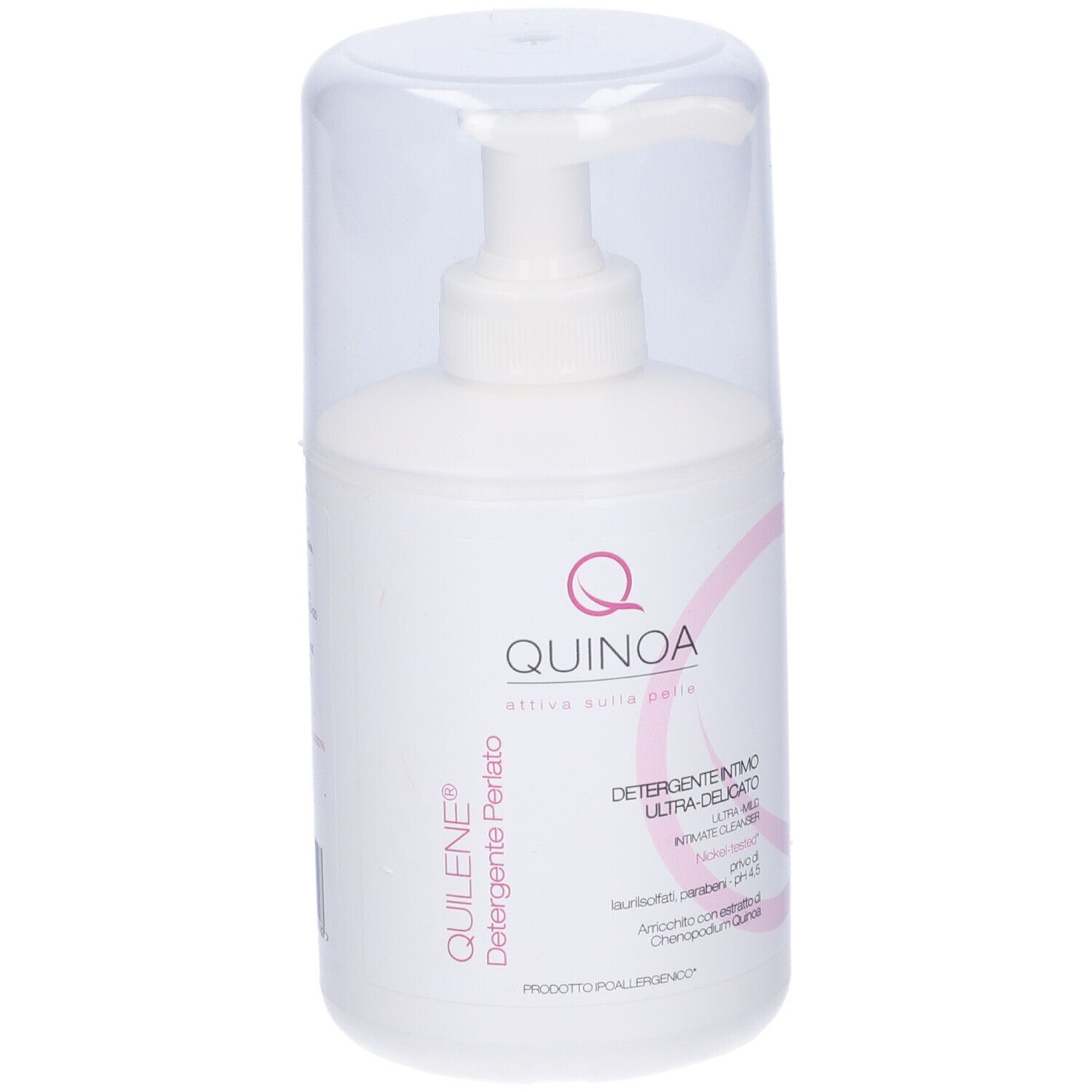 Flacone bianco con pompa e cappuccio trasparente. Scritta: Quilene Detergente Perlato, Quinoa. Elementi di design rosa.