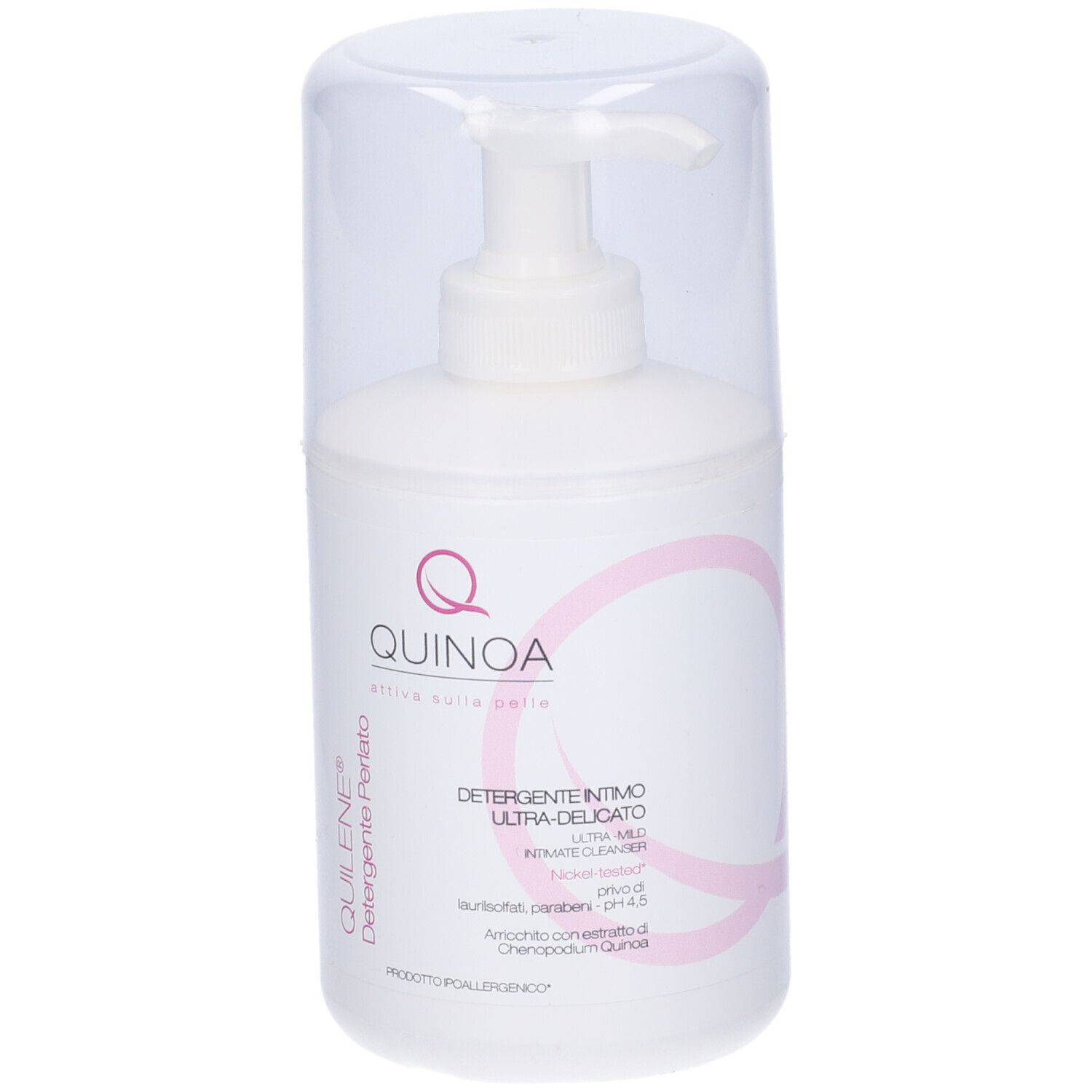 Flacone bianco con pompa e cappuccio trasparente. Scritta: Quilene Detergente Perlato, Quinoa. Elementi di design rosa.