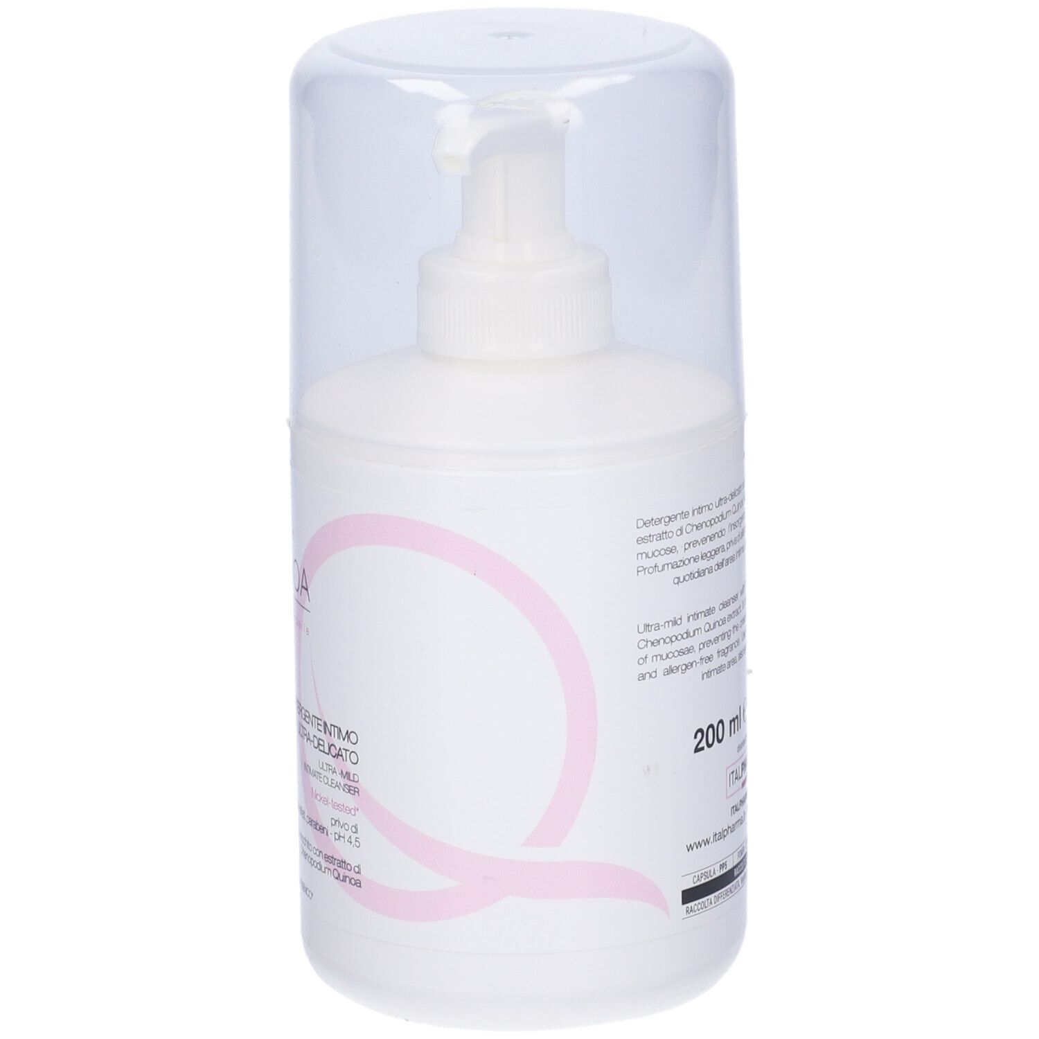 Flacone bianco con pompa e cappuccio trasparente. Scritta: Quilene Detergente Perlato, Quinoa. Elementi di design rosa.