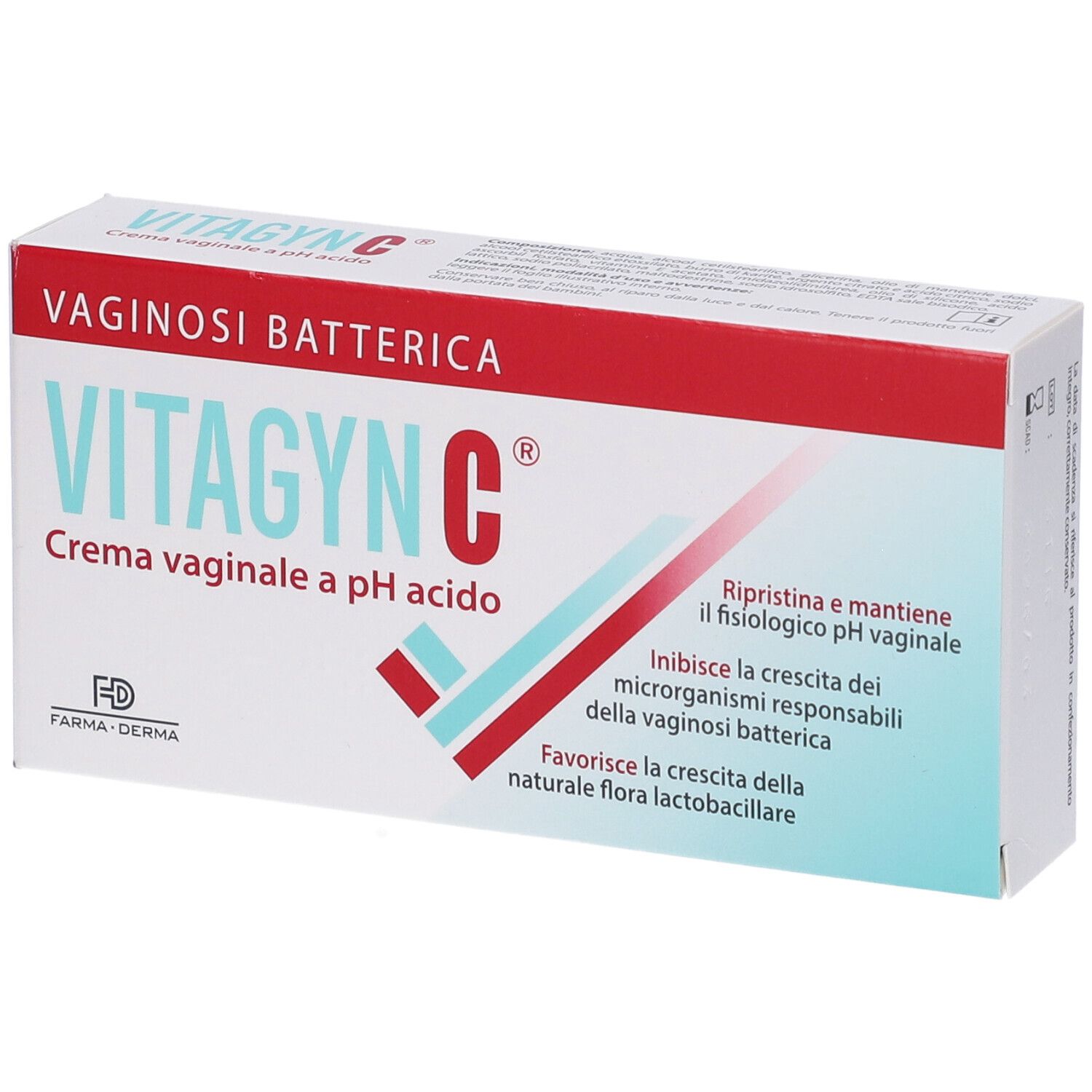 Confezione di VITAGYNC C Crema vaginale. Scatola bianca con testo rosso e blu. Nome del prodotto e pH indicati.