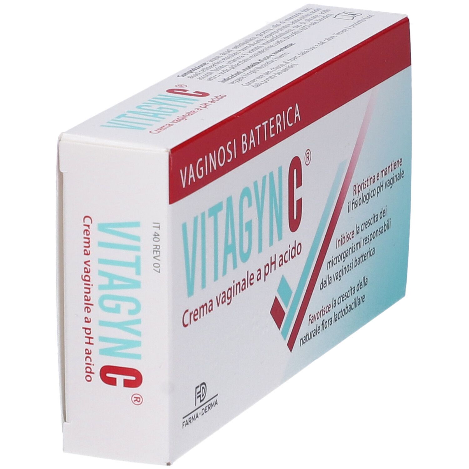 Confezione di VITAGYNC C Crema vaginale in prospettiva. Scatola bianca con testo rosso e blu. Nome del prodotto e pH indicati.
