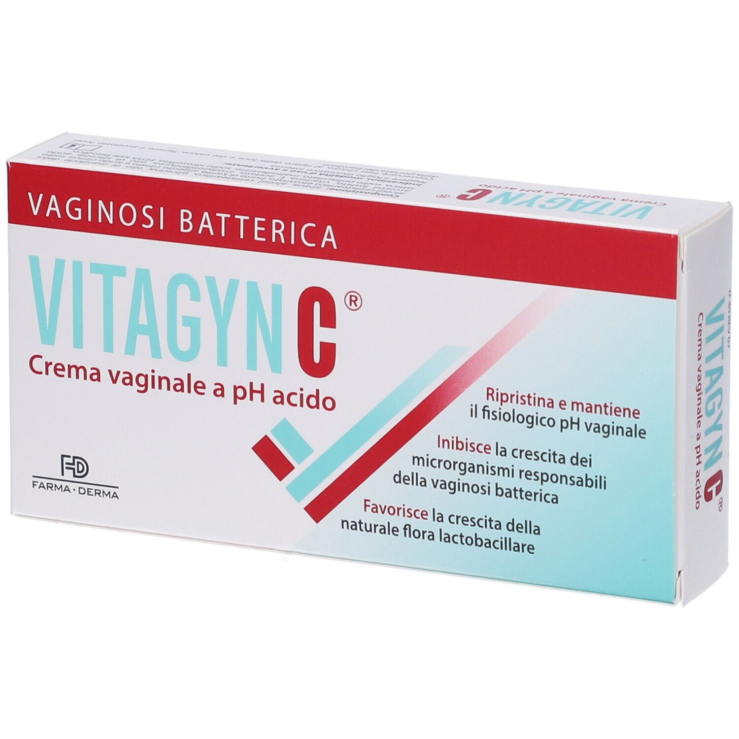 Confezione di VITAGYNC C Crema vaginale. Scatola bianca con testo rosso e blu. Nome del prodotto e pH indicati.