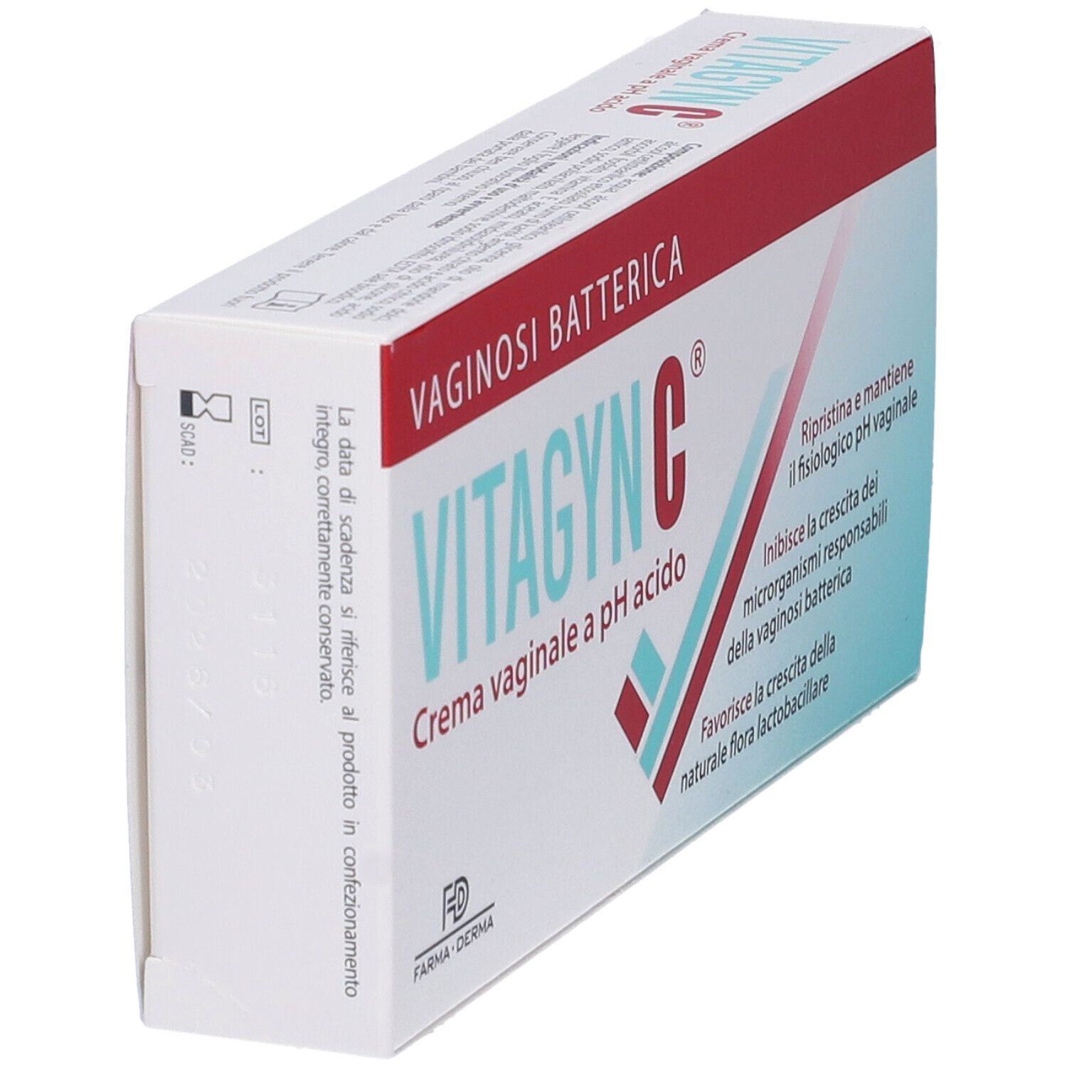 Confezione di VITAGYNC C Crema vaginale in prospettiva. Scatola bianca con testo rosso e blu. Nome del prodotto e pH indicati.