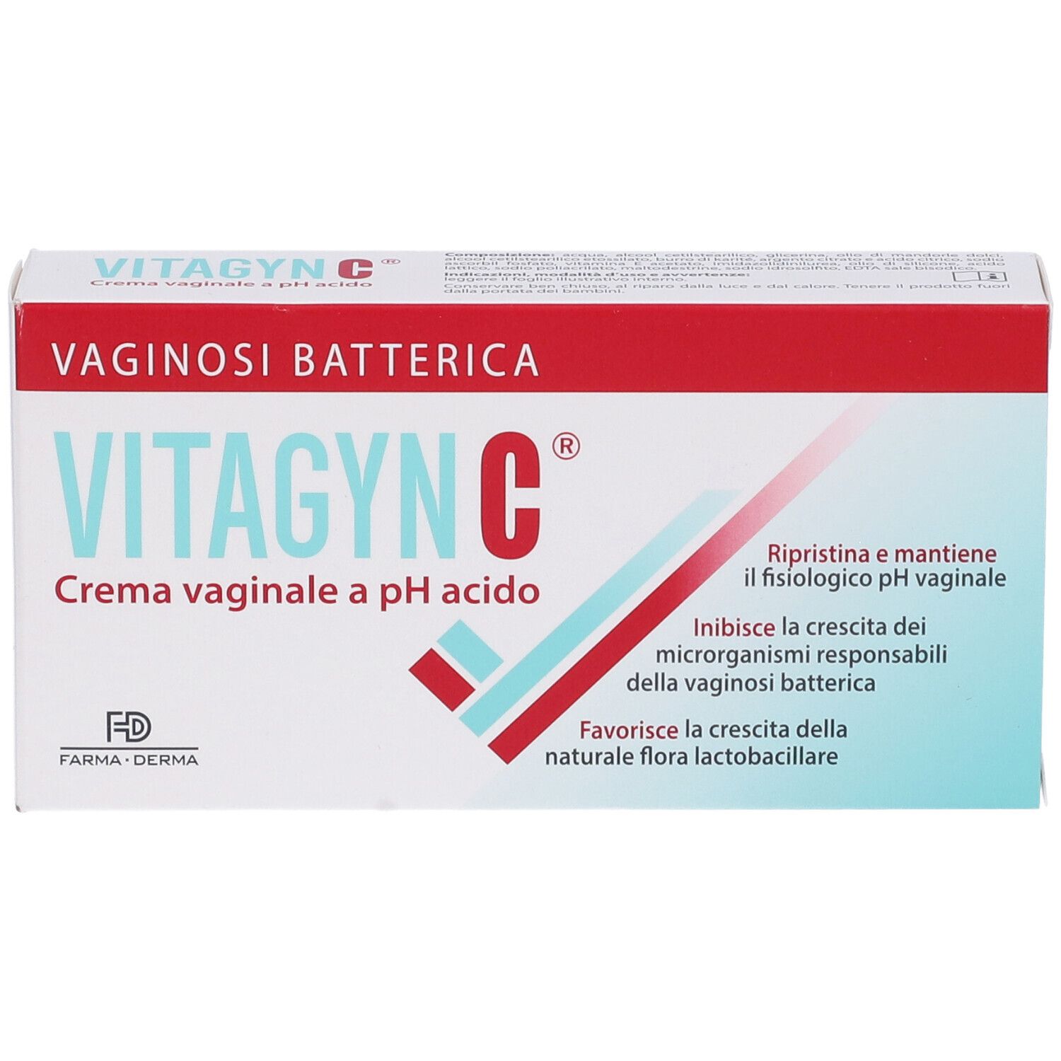 Confezione di VITAGYNC C Crema vaginale. Scatola bianca con testo rosso e blu. Nome del prodotto e pH indicati.