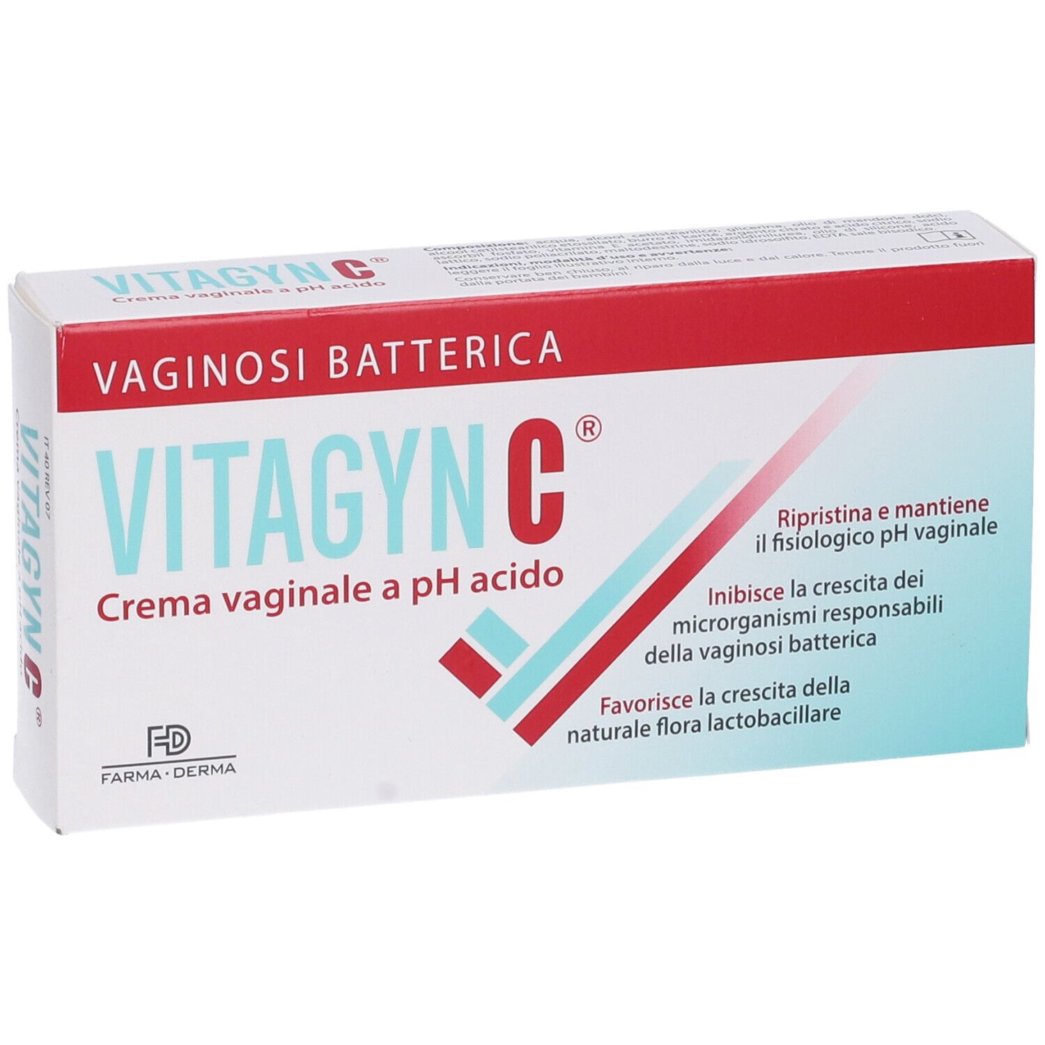 Confezione di VITAGYNC C Crema vaginale. Scatola bianca con testo rosso e blu. Nome del prodotto e pH indicati.