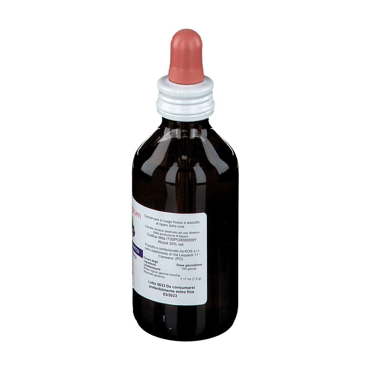 Braune Glasflasche mit rosa Tropfer. Etikett mit Text. Rückansicht. KOS-Logo.