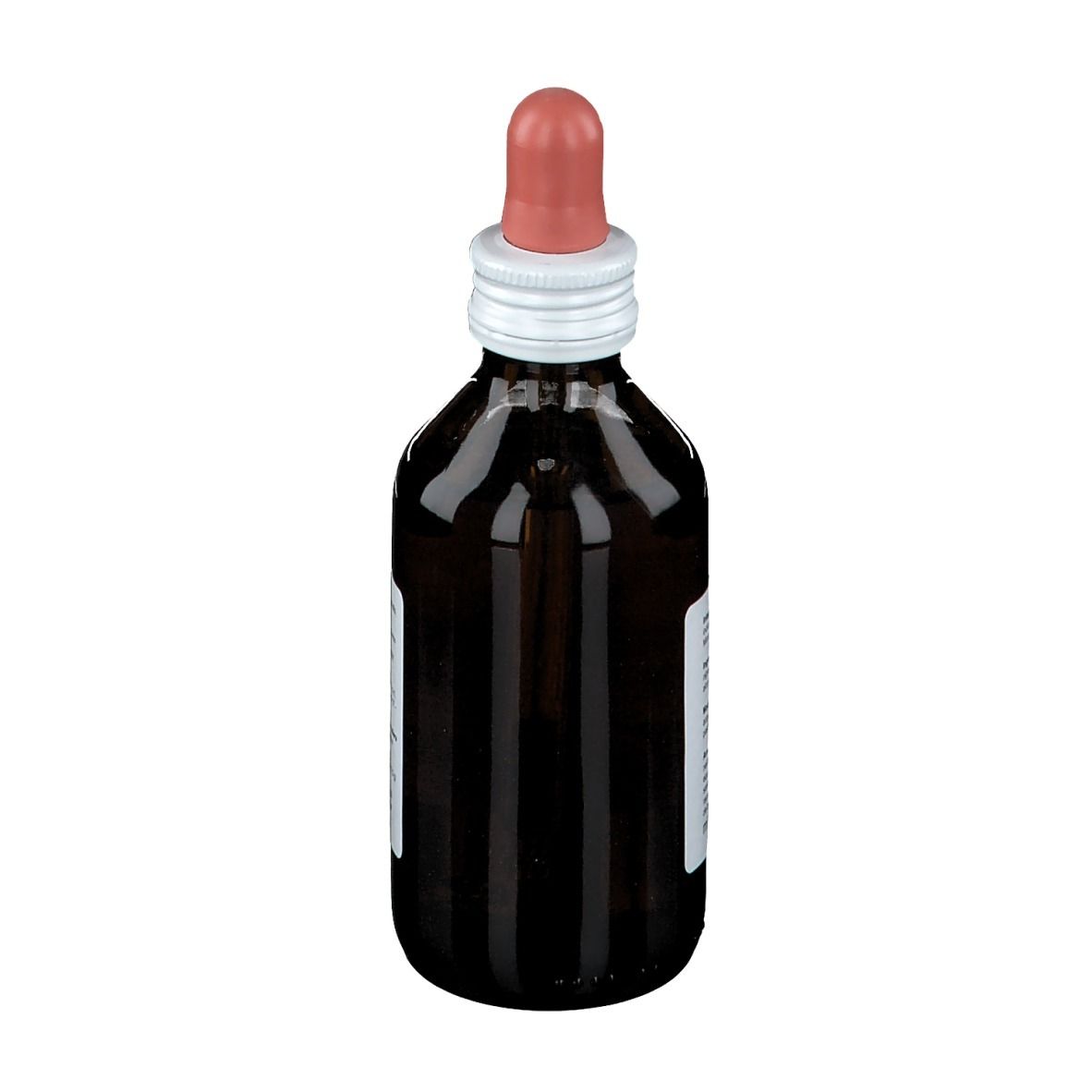 Braune Glasflasche mit rosa Tropfer und silbernem Verschluss. Seitenansicht.