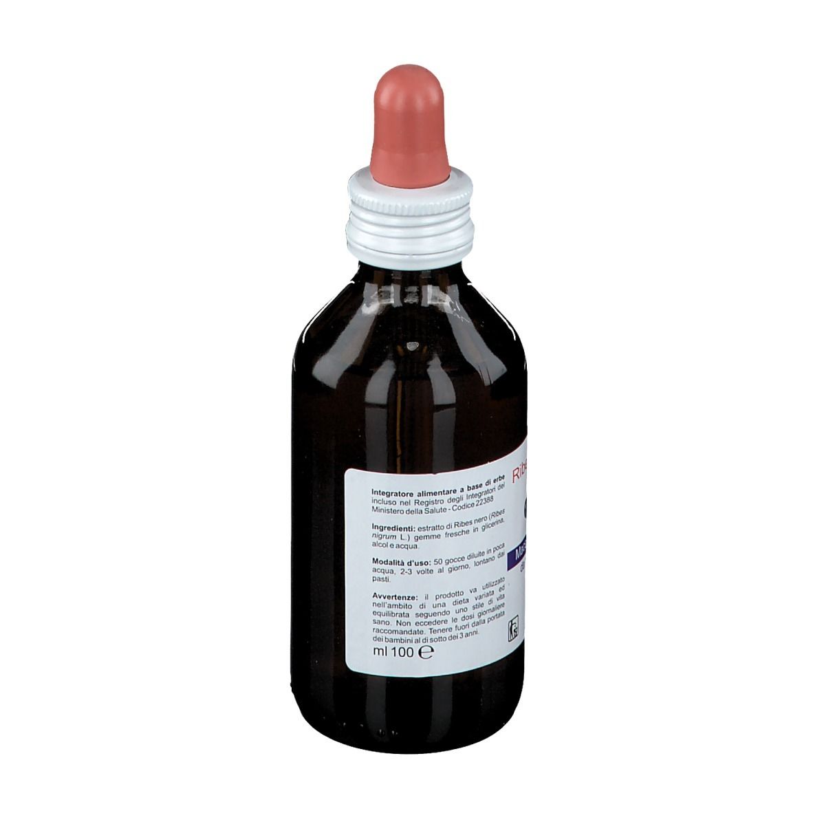 Braune Glasflasche mit rosa Tropfer. Etikett mit Text. KOS-Logo. 100 ml.