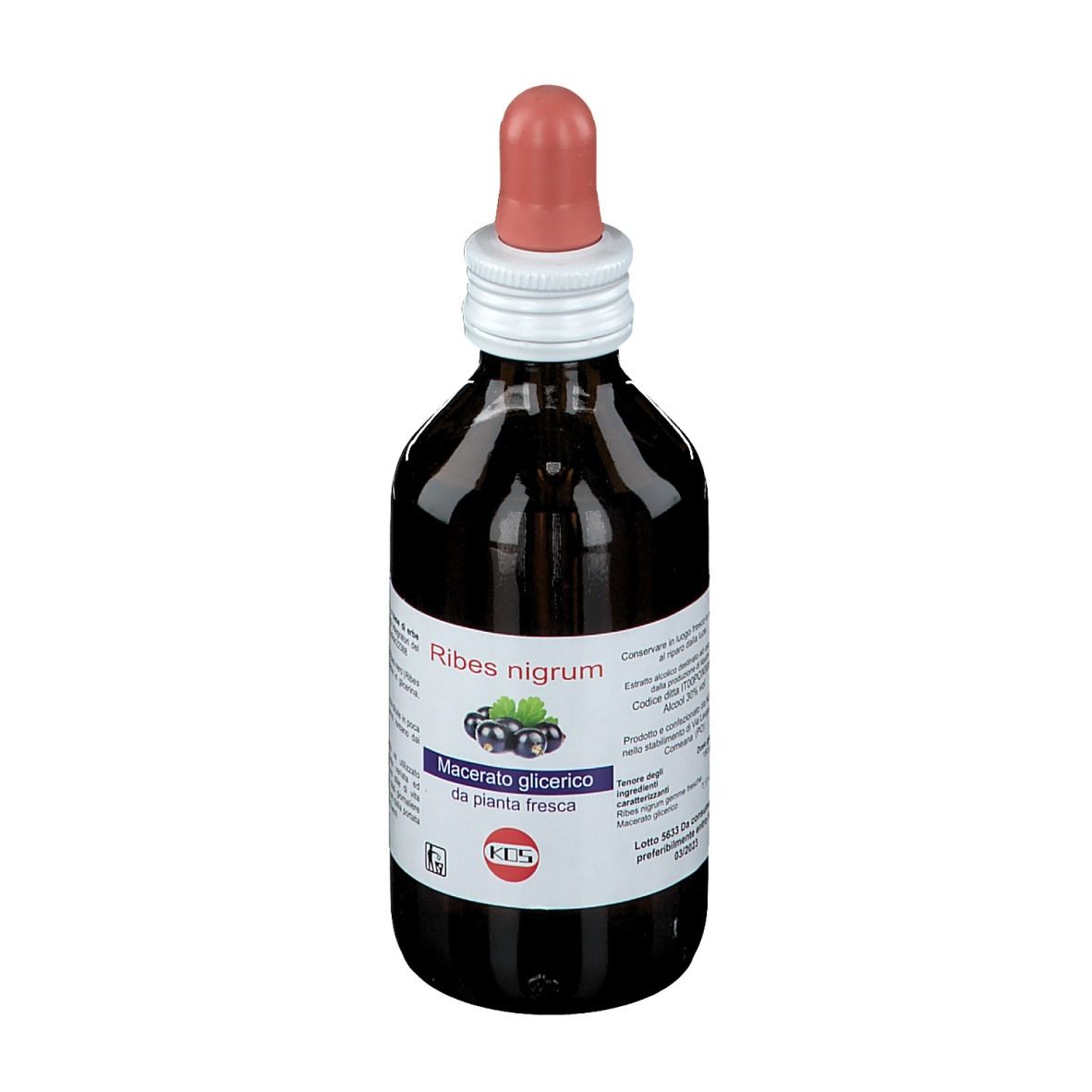 Braune Glasflasche mit rosa Tropfer. Etikett mit Text und Abbildung von schwarzen Johannisbeeren. KOS-Logo.