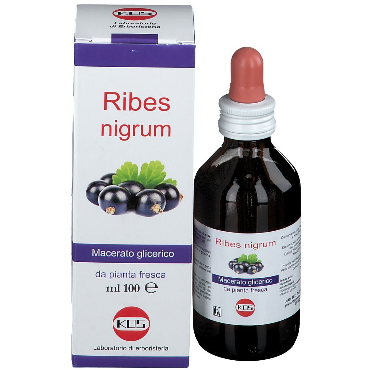 Produkt mit Flasche und Verpackung. Flasche mit rosa Tropfer. Verpackung mit Text und Abbildung von schwarzen Johannisbeeren. KOS-Logo.