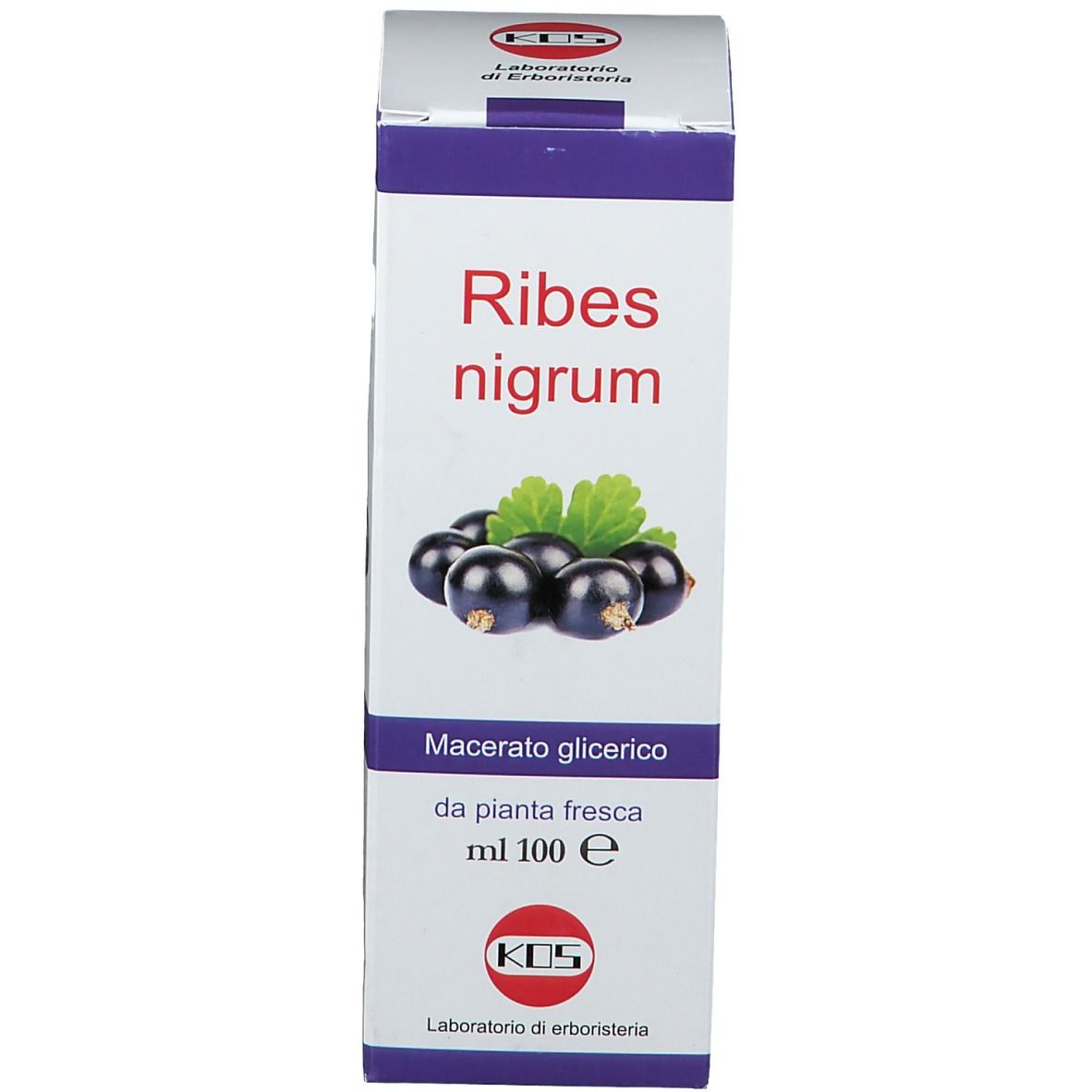 Verpackung mit Text und Abbildung von schwarzen Johannisbeeren. KOS-Logo. 100 ml.