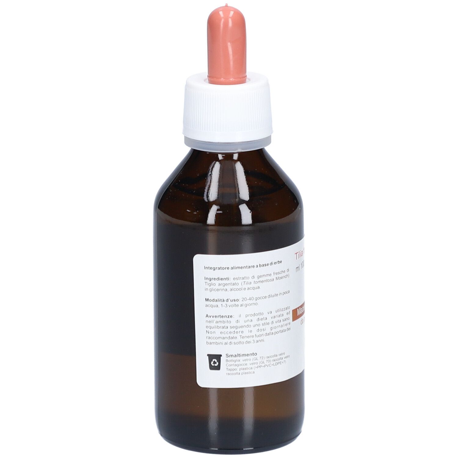 Braunglasflasche mit Tropfer. Etikett mit Produktinformationen. Aufschrift: Tilia tomentosa, Mazerat.