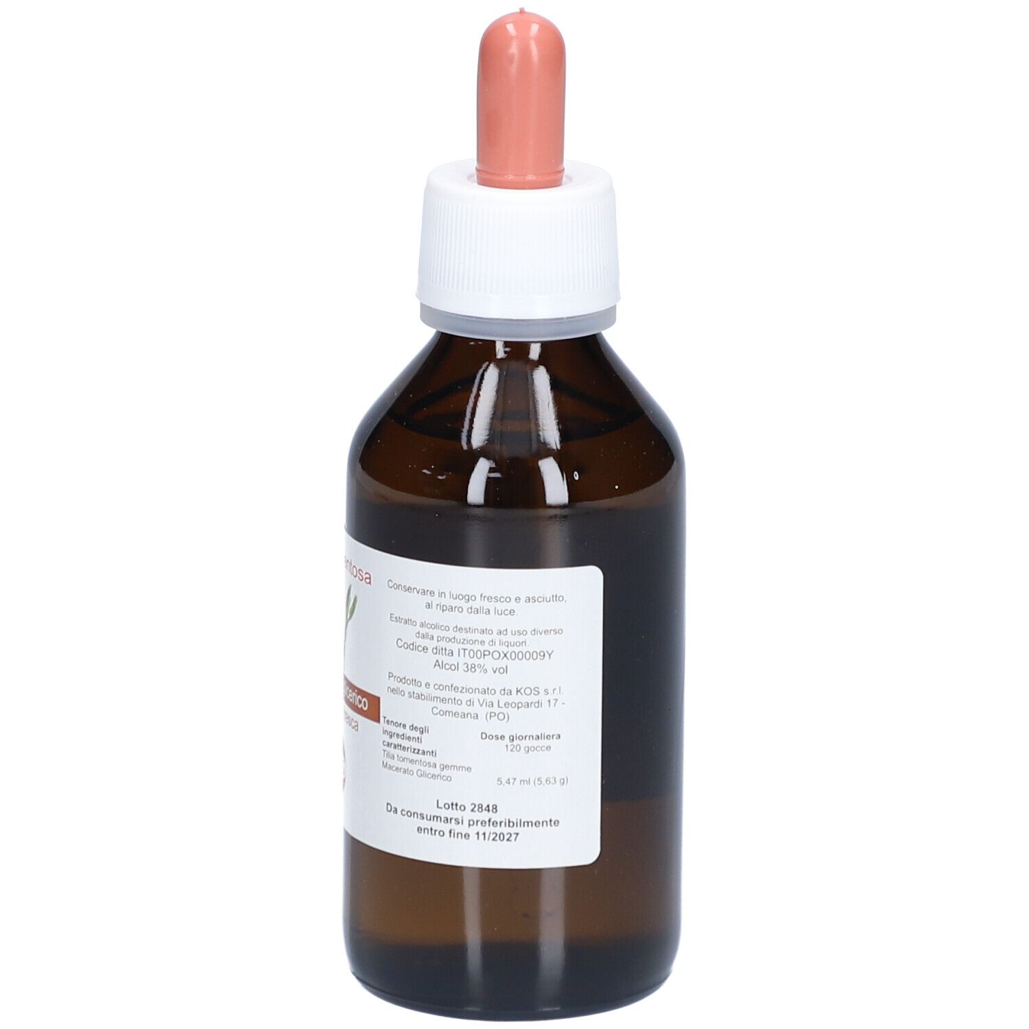 Braunglasflasche mit Tropfer. Etikett mit Produktinformationen. Aufschrift: Tilia tomentosa, Mazerat.