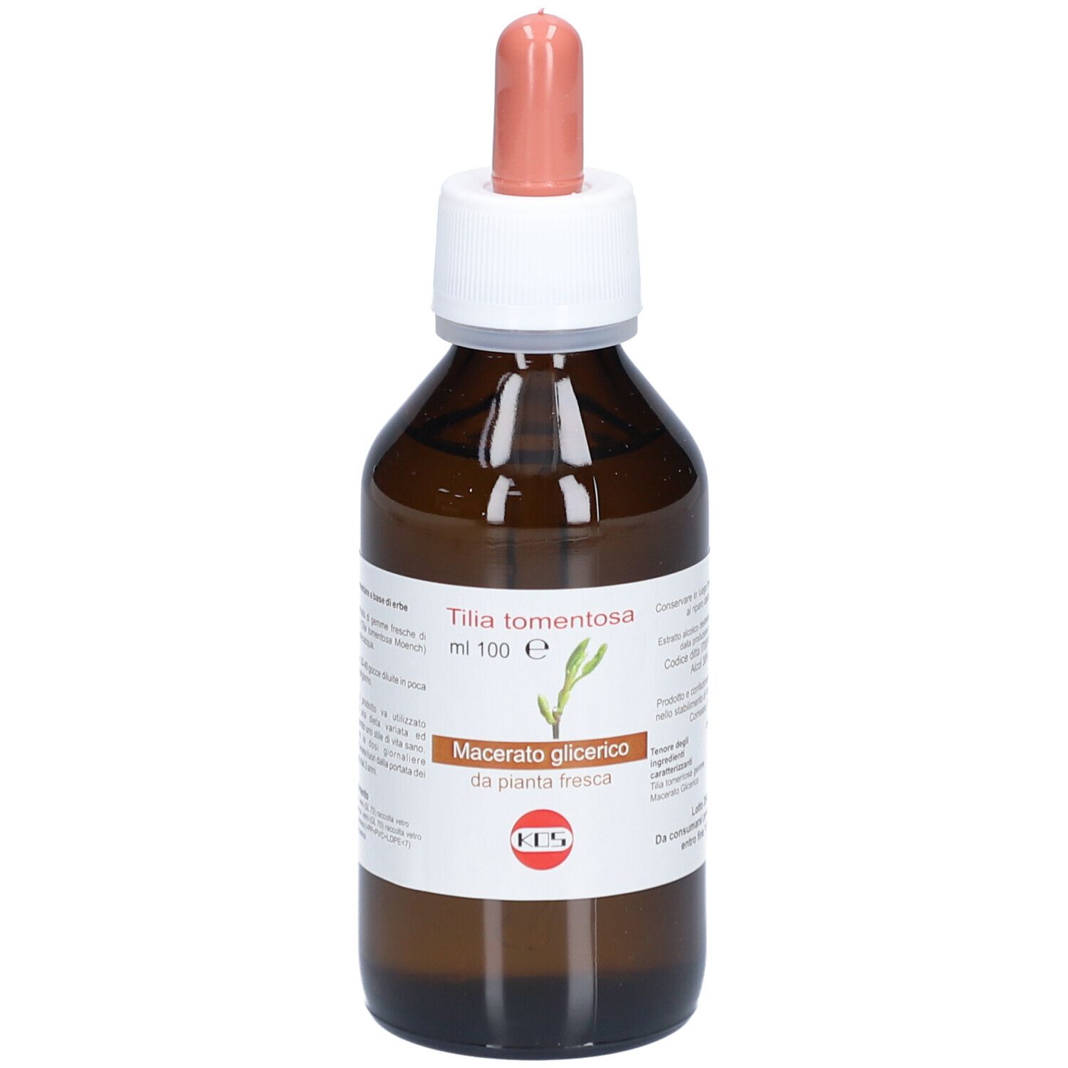 Braunglasflasche mit Tropfer. Etikett mit Produktinformationen. Aufschrift: Tilia tomentosa, Mazerat.