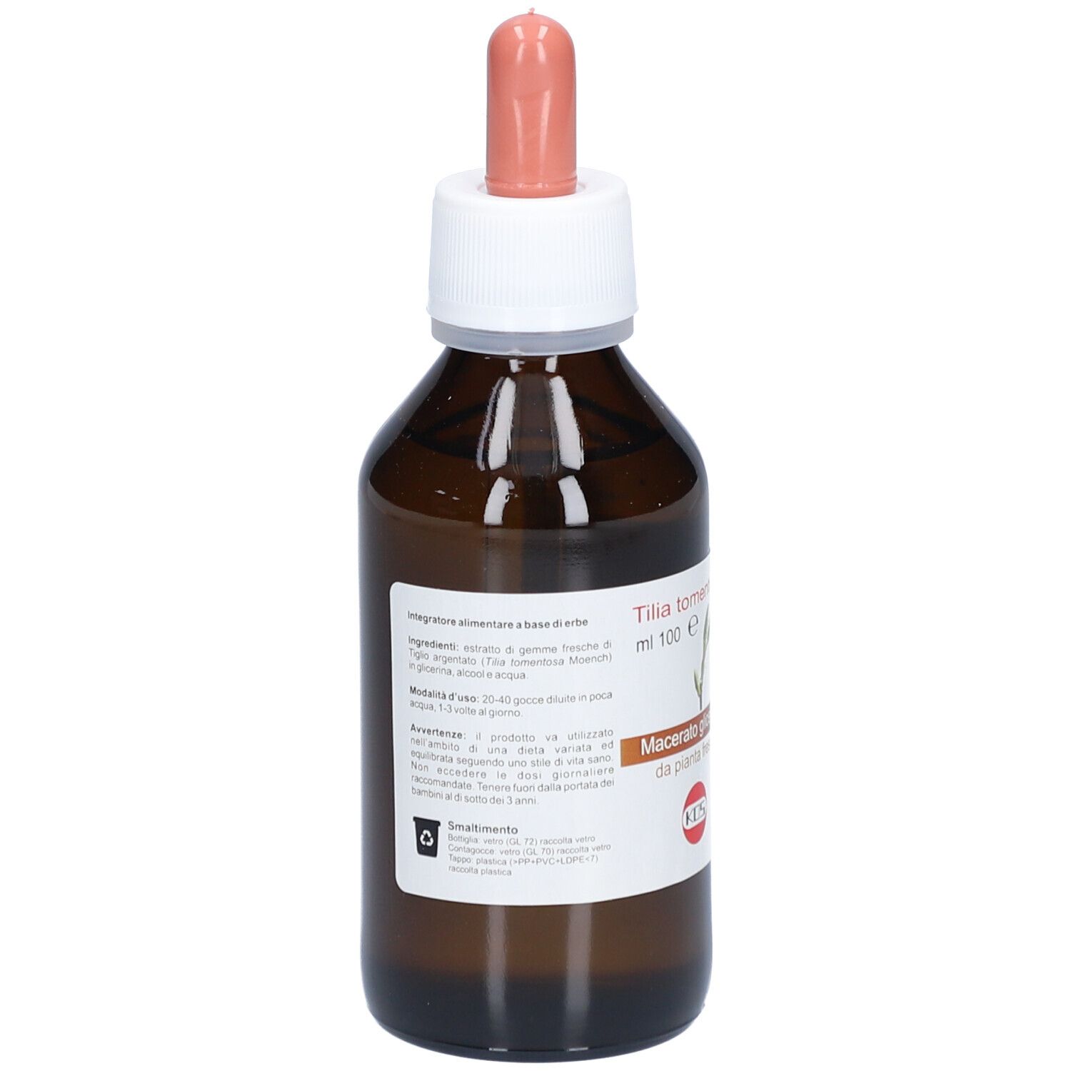 Braunglasflasche mit Tropfer. Etikett mit Produktinformationen. Aufschrift: Tilia tomentosa, Mazerat.
