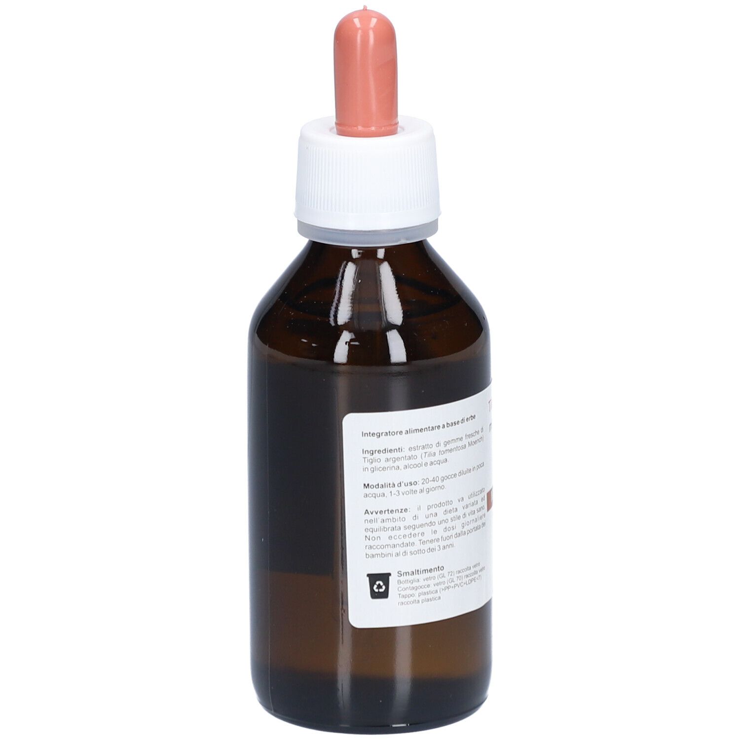 Braunglasflasche mit Tropfer. Etikett mit Produktinformationen. Aufschrift: Tilia tomentosa, Mazerat.