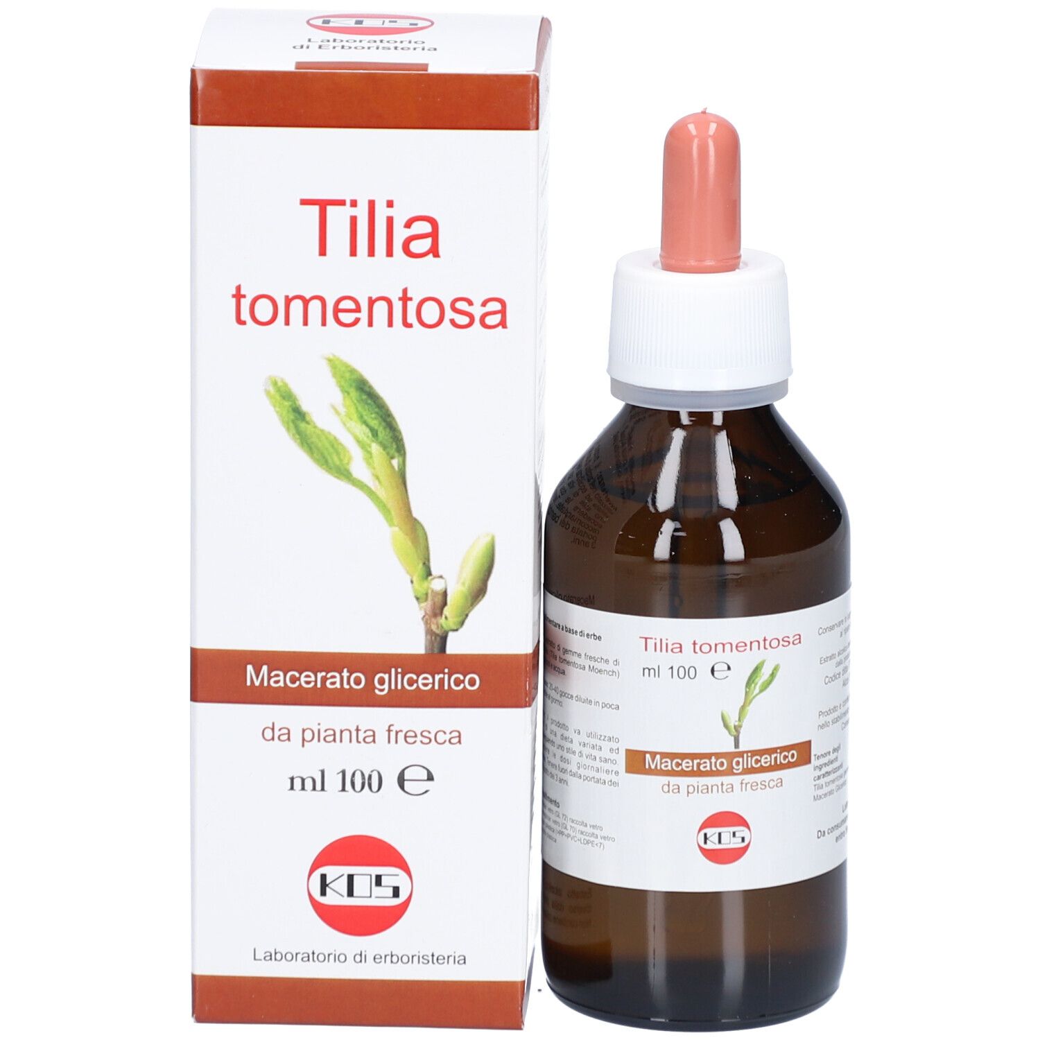 Produktflasche und Verpackung. Aufschrift: Tilia tomentosa, Mazerat glicerico, ml 100 e.