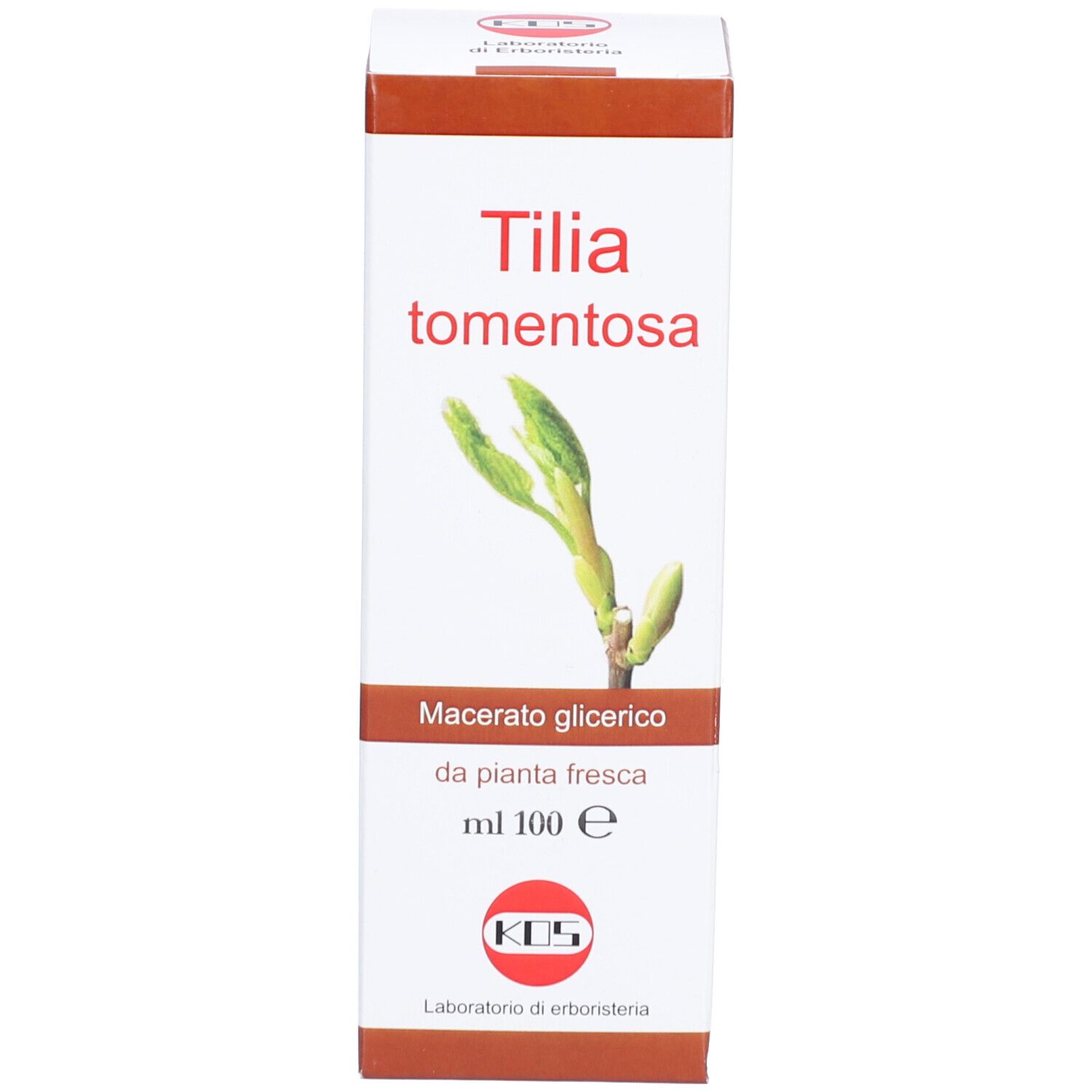 Produktverpackung. Aufschrift: Tilia tomentosa, Mazerat glicerico, ml 100 e.