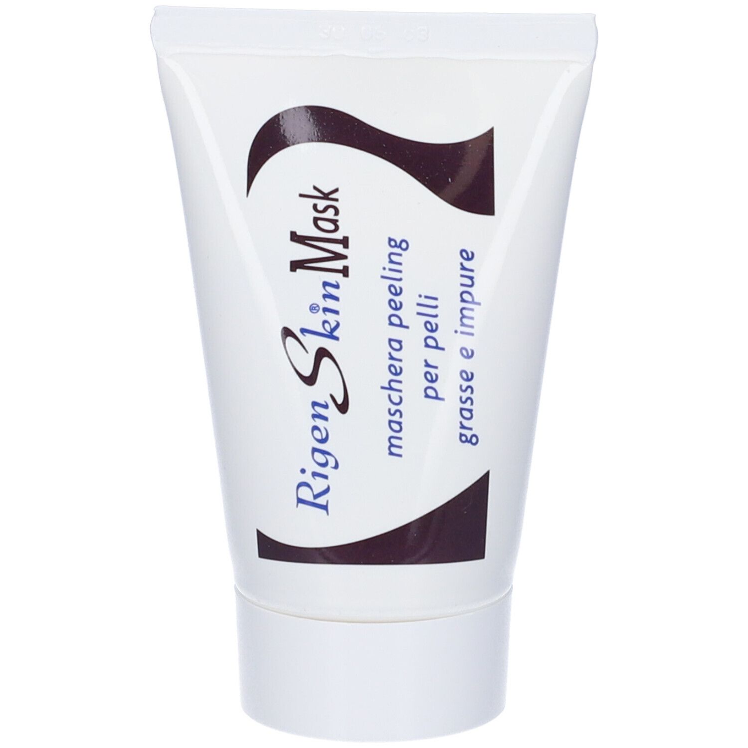 Tubo bianco. Scritta: Rigenskin Mask. Maschera peeling. Per pelli grasse.