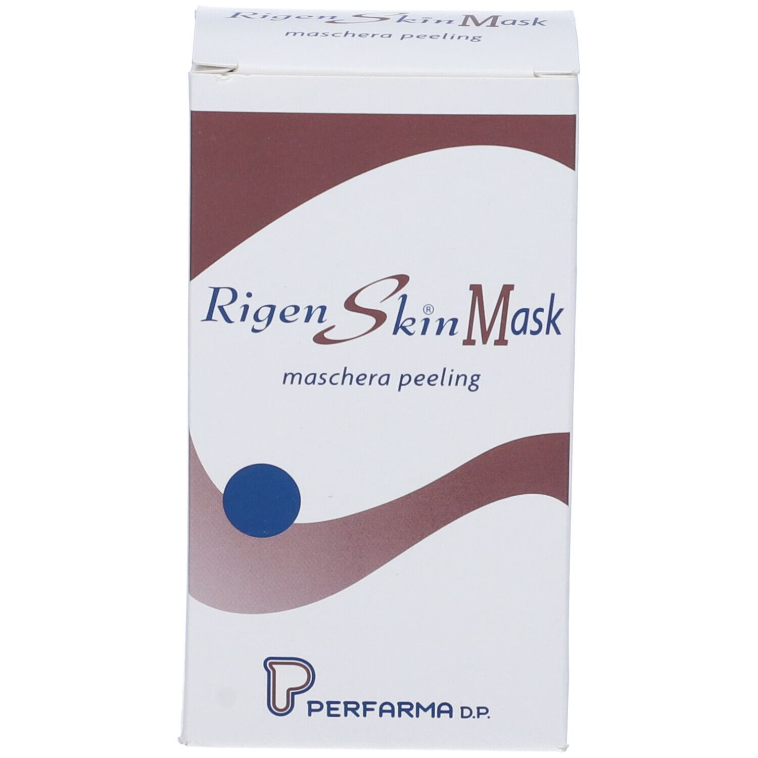 Scatola bianca. Scritta: Rigenskin Mask. Maschera peeling. Perfarama D.P.