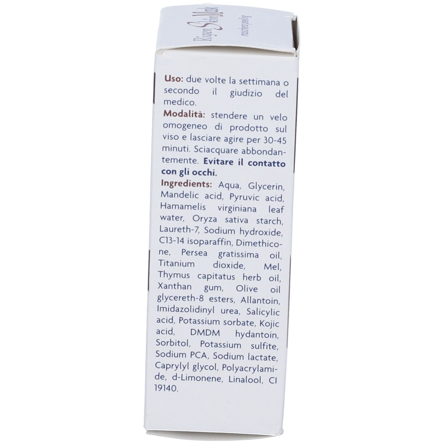 Scatola. Testo con ingredienti. Aqua, Glicerina, Acido mandelico, ecc. Perfarama D.P.