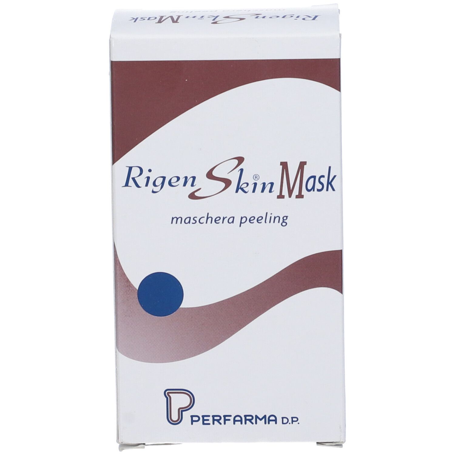 Scatola bianca. Scritta: Rigenskin Mask. Maschera peeling. Perfarama D.P.