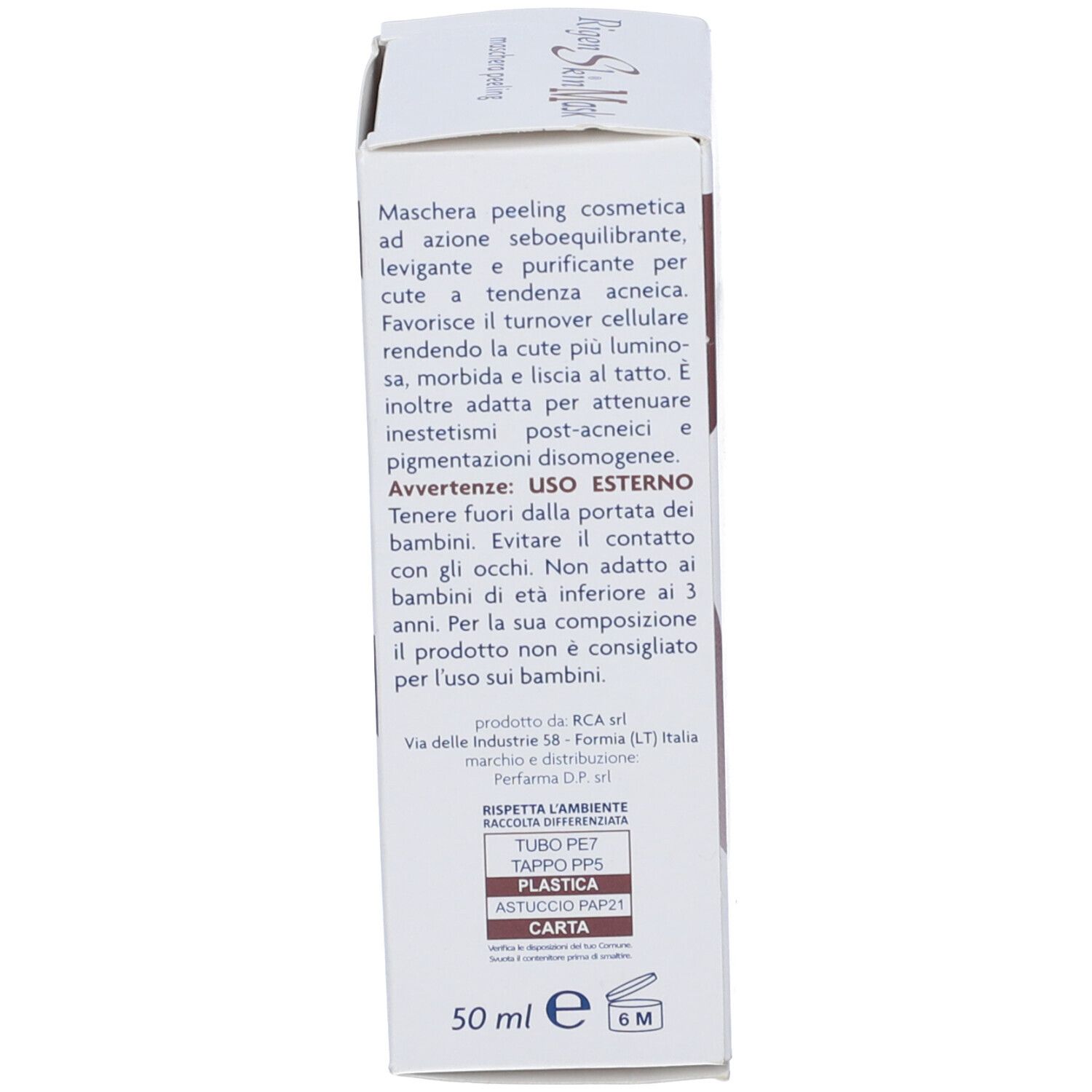 Scatola. Testo: uso, ingredienti, avvertenze. 50 ml. Simbolo 6M.