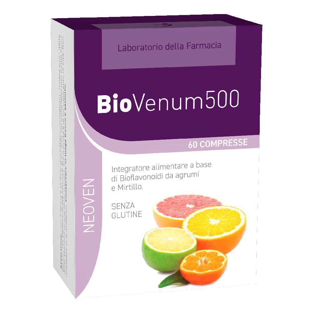 Confezione di BioVenum 500. Scritta: 60 compresse. Contiene bioflavonoidi da agrumi e mirtillo. Senza glutine.