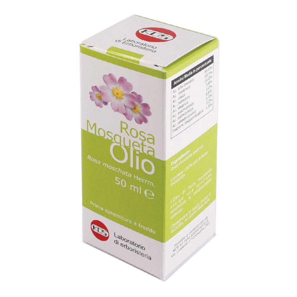 Scatola KOS Rosa Mosqueta Olio. Scritto: Rosa Mosqueta Olio, 50 ml e. Laboratorio di erboristeria.