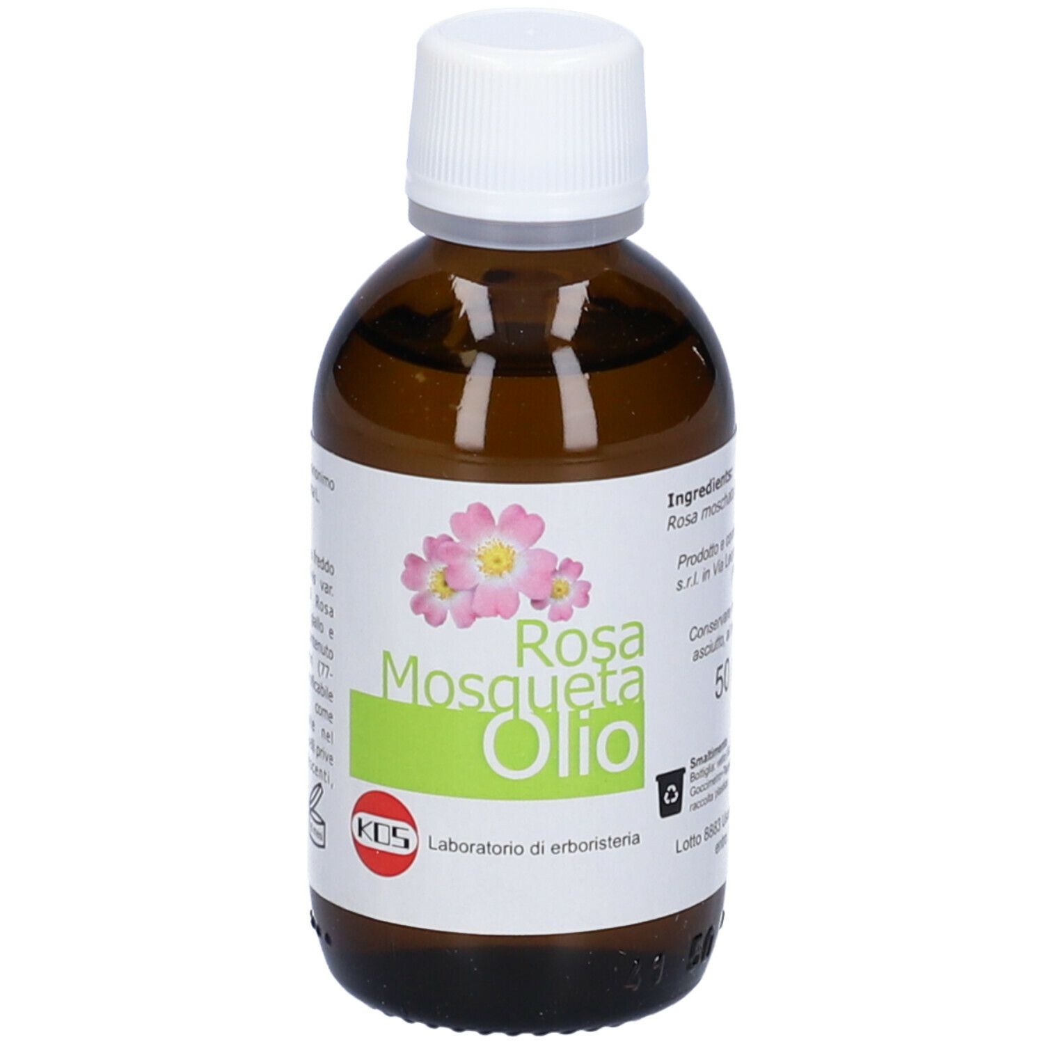 Flacone di vetro marrone con tappo bianco. Scritto: Rosa Mosqueta Olio. KOS Laboratorio di erboristeria.